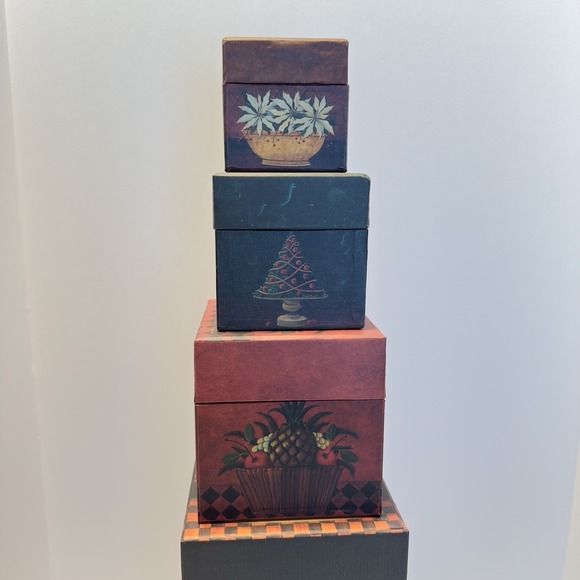 VTG Bob's Boxes Fruits & Flowers Nesting Boxes set of 5 w Lids Festive primative - Picture 2 of 10